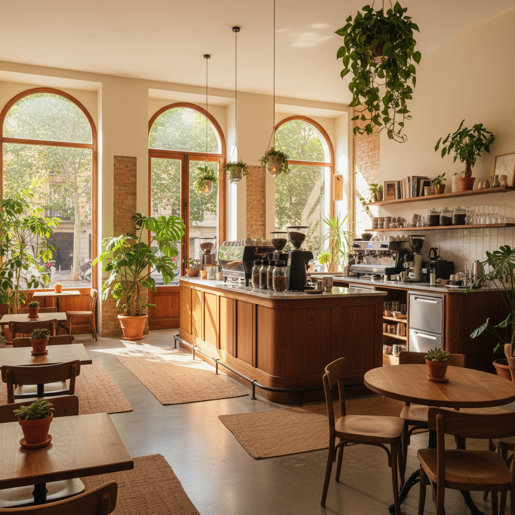Interior luminoso de Delizium Café en Barcelona